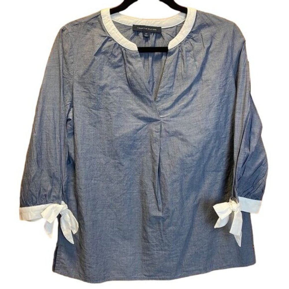 Tommy Hilfiger 3/4 Sleeve Cotton Chambray Blue Pullover Size Petite Small
